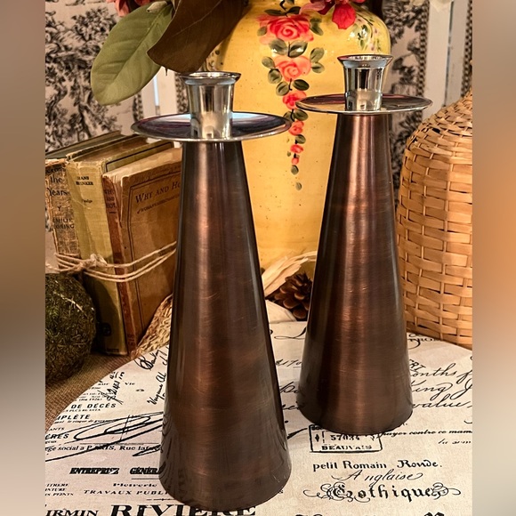 Modern Taper Matte Bronze & Silver Candle Holder Set/2 - Picture 3 of 5